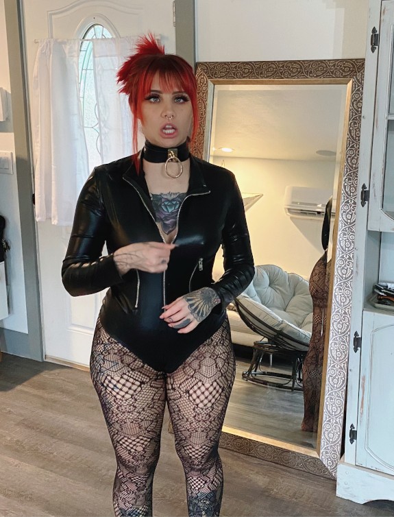 Red Hair - Leather Onesie - collared