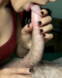 Sucking his big cock with creampie photo