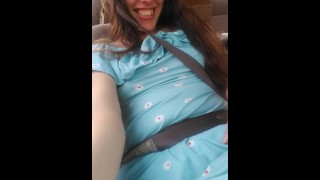 Pinkmoonlust has a car ride! Public flashing in passenger seat! Hairy Pussy in Panties & Blue Dress