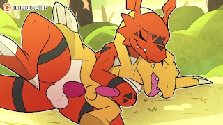 Patreon/Blitzdrachin: Agumon x Guilmon hentai furry yiff animation gay éjaculation sexe anal cuillère