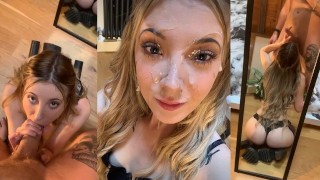 Cutie britannique amateur se fait couvrir de beaucoup de sperme dans un miroir BJ