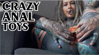 big SQUIRT from Tattoo girl in High heels - hard ANAL strech - ATM, big dildos, GAPE, prolapse play