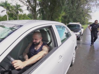 GAYWIRE - Beefcake Muscular Stud Police Officer Fucks Cock Flasher out in Public