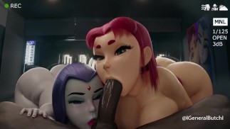 Starfire et Raven sucent une énorme bite