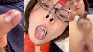 Japońska t-girl jest tak podekscytowana, gdy zakłada zaczep na nos, że wypływa dużo nasienia