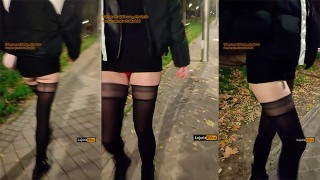 Fille aux longues jambes, marchant sexy dans la rue en public. Putain femme exhibitionniste en bas