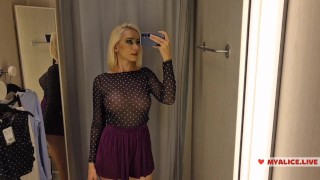 ショッピングモールで透け透けのセクシーな服を試着。試着室で私を見てオナニー。射精懇願