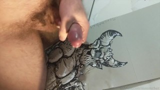 Leather demon monster cums on his own erotic devil art illustration.