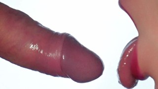 CLOSE-UP: Hot Blowjob from the Brunette Model, Red Lips on the Hard Cock, Cum In The Mouth