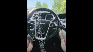 Desperate Slut Pissing All Over Steering Wheel.