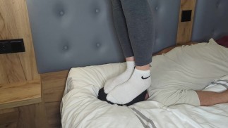 Trampling with dirty sweaty white nike socks!