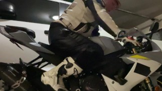 Straight Daddy in Garage Jerks & Cums in Leather on Motorbike